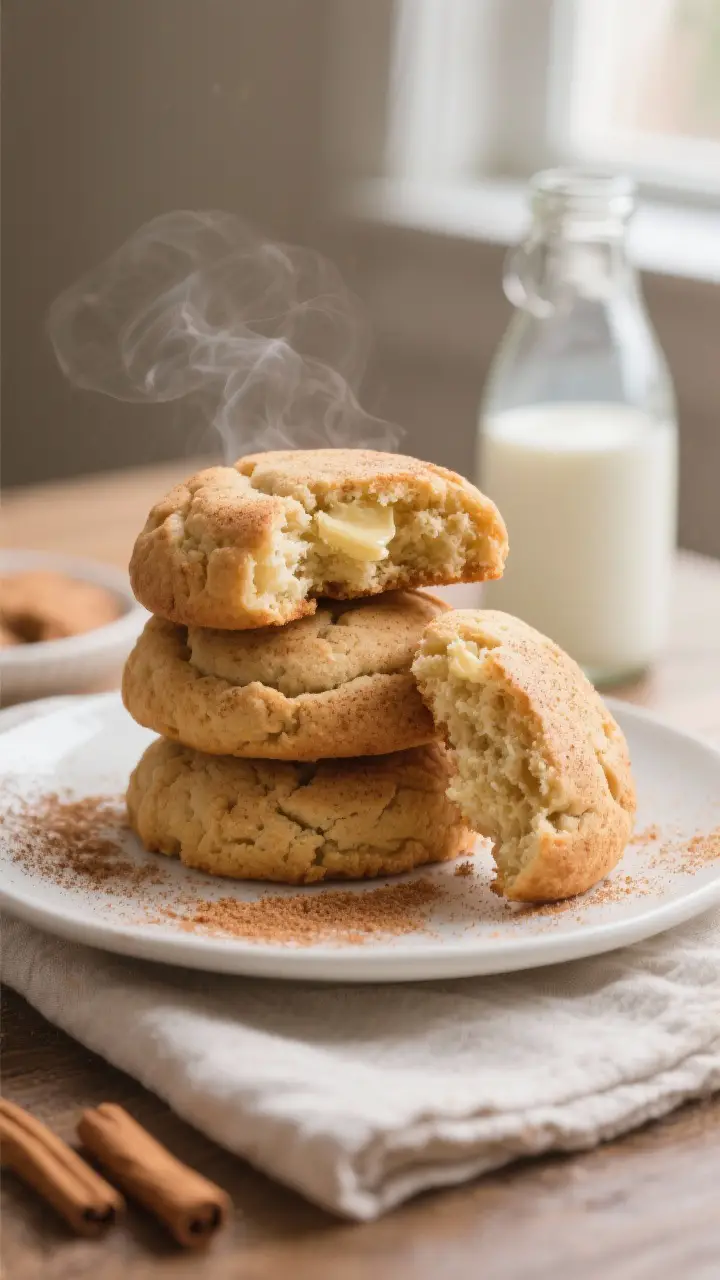Final plated presentation: Bakery-style giant snickerdoodles (3-tablespoon scoops) stacked slightly 
