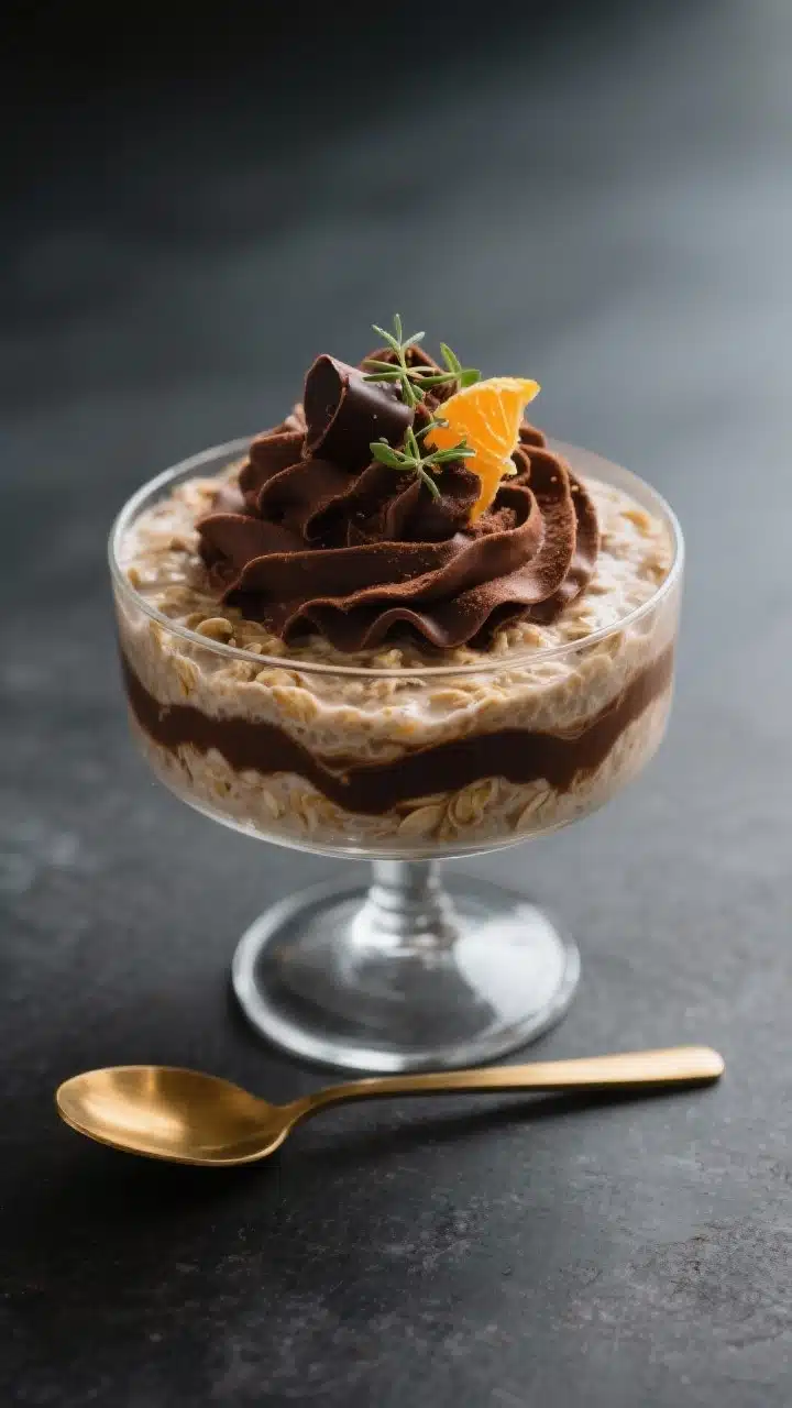 Final plated presentation: Restaurant-quality hero image of the overnight oats served cold, spooned
