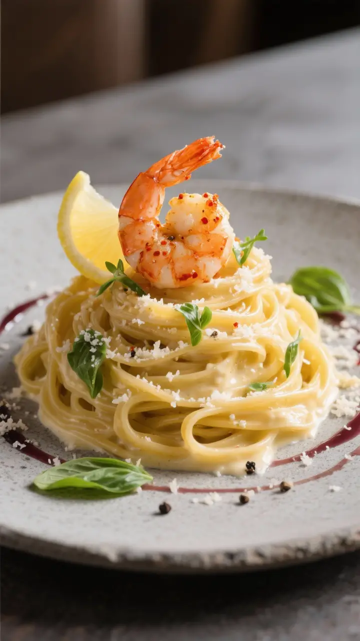 Final plated presentation: Restaurant-quality plate of “Marry Me” shrimp fettuccine twirled into