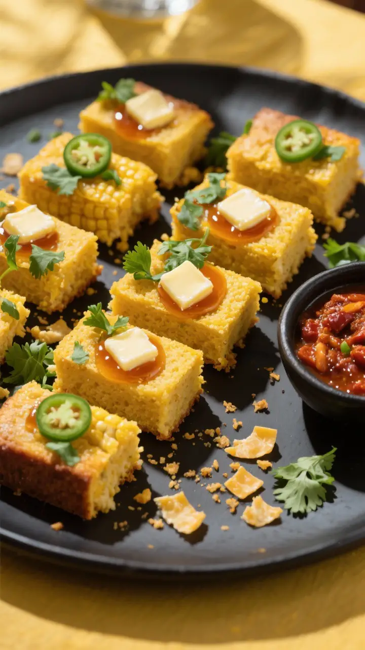 Final plated presentation: top-down, restaurant-quality spread of neatly cut squares of Mexican corn