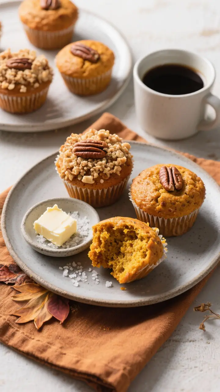 Final presentation: Beautifully plated pumpkin muffins with a pecan streusel crown on a matte stonew