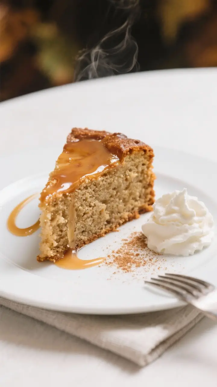 Final presentation: Restaurant-quality plated slice of apple cider cake with an ultra-tender crumb,