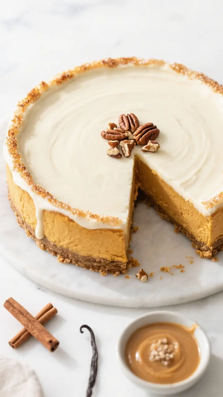 Final presentation top-down: Entire pumpkin cheesecake on a matte cake stand, topped with a smooth,