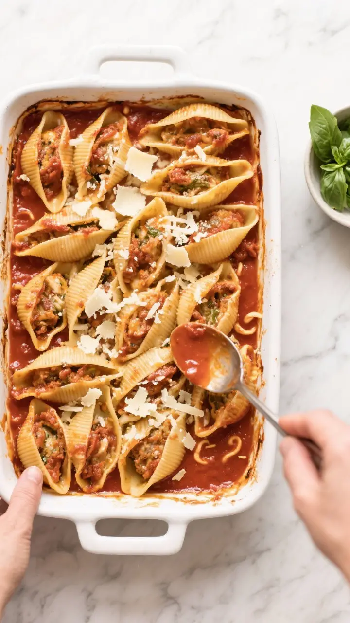 Overhead process shot: 9x13 baking dish filled with neatly nested, fully cooked and stuffed jumbo sh