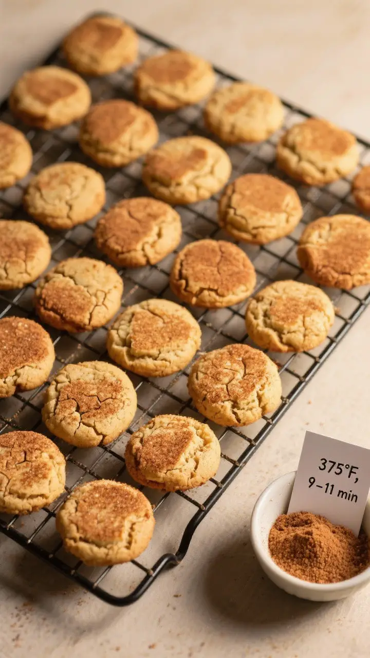 Overhead tasty top view: Cooling rack filled with uniformly sized snickerdoodles (about 30 g each), 