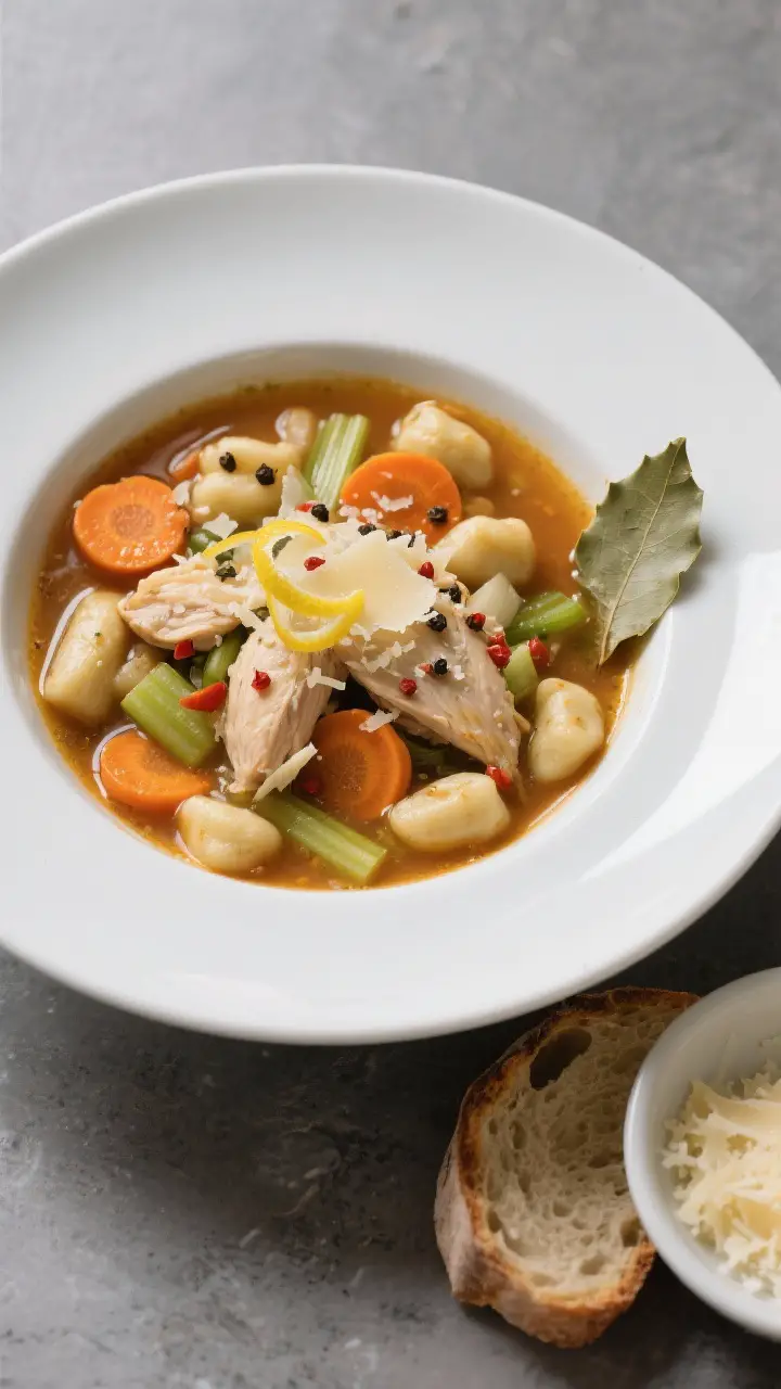 Overhead “tasty top view”: Final bowl of chicken gnocchi soup served in a wide white bowl on a s