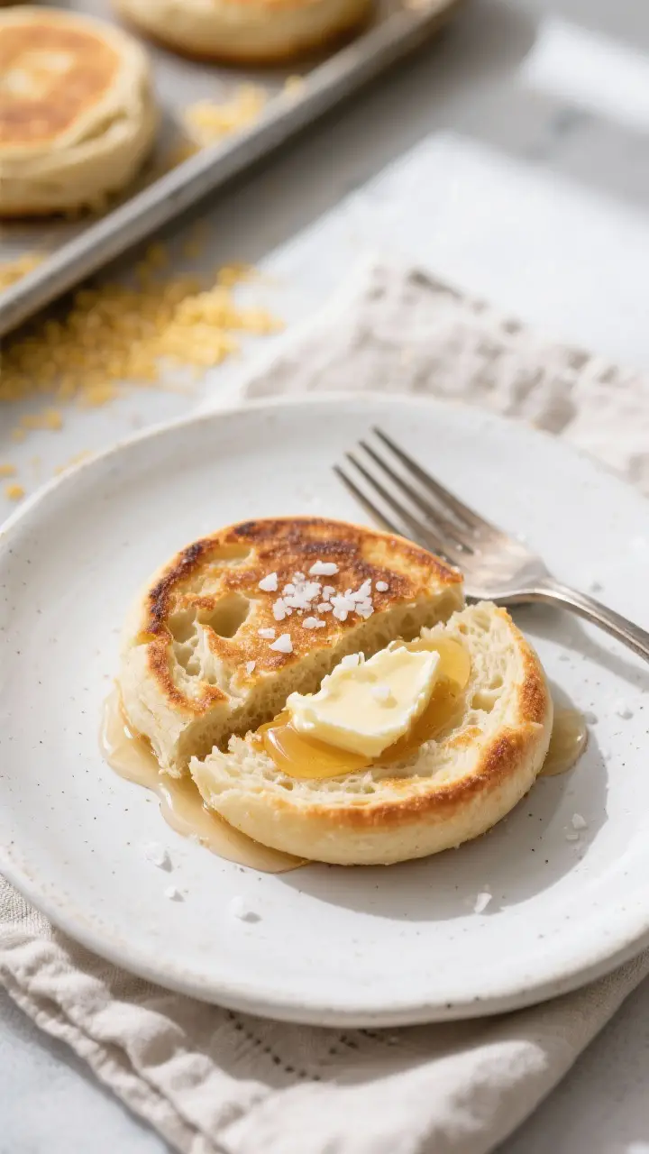 Overhead tasty top view: Fork-split English muffins toasted to a light amber, showcasing dramatic no