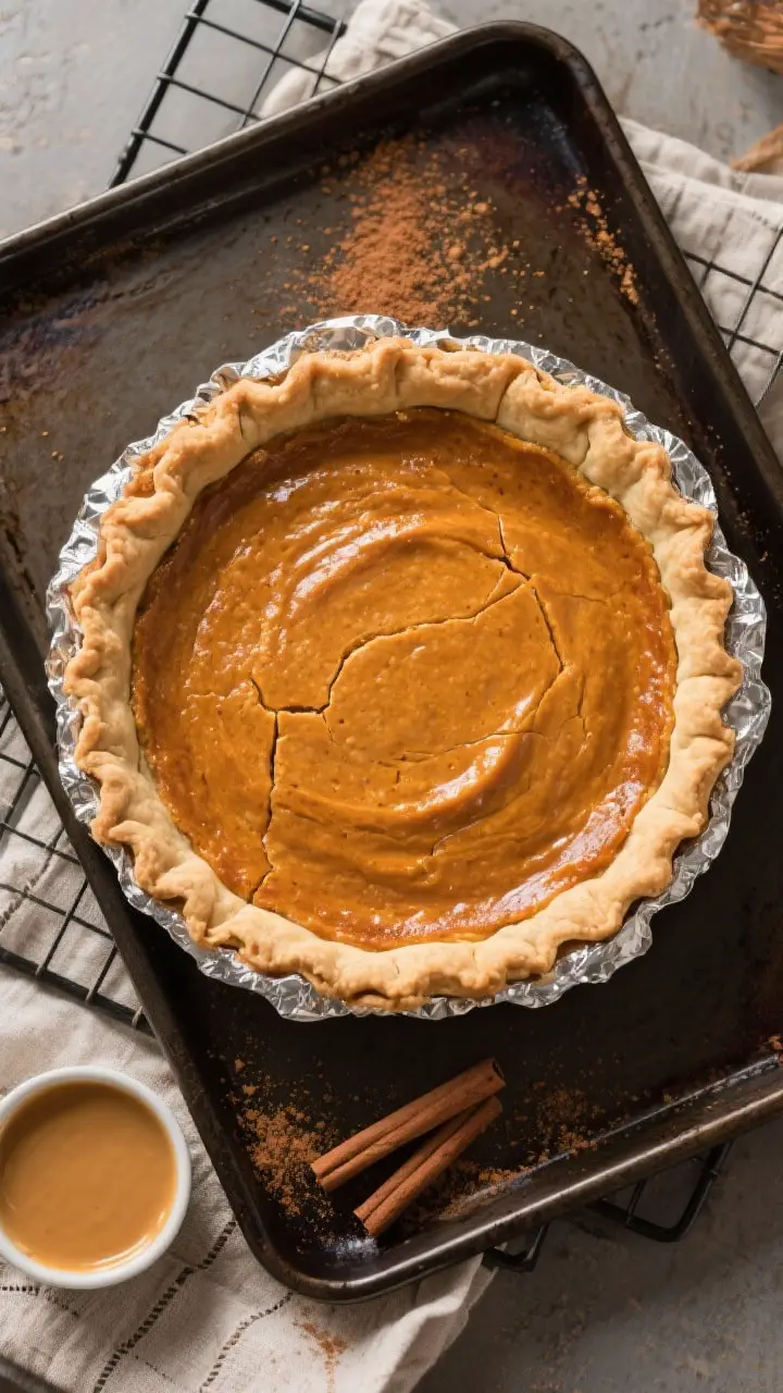 Overhead “tasty top view”: Fully baked pumpkin pie in a crisp, evenly browned blind-baked crust