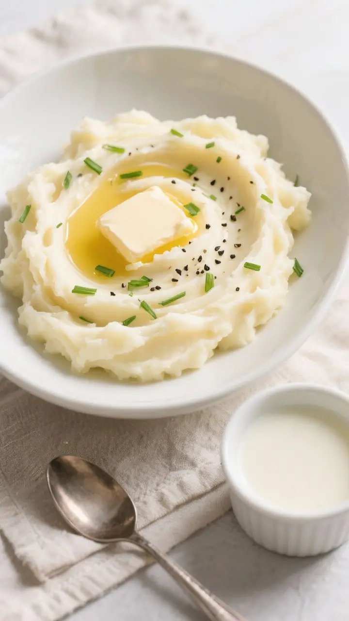 Overhead “tasty top view” of final mashed potatoes in a wide, shallow white serving bowl: cloud-
