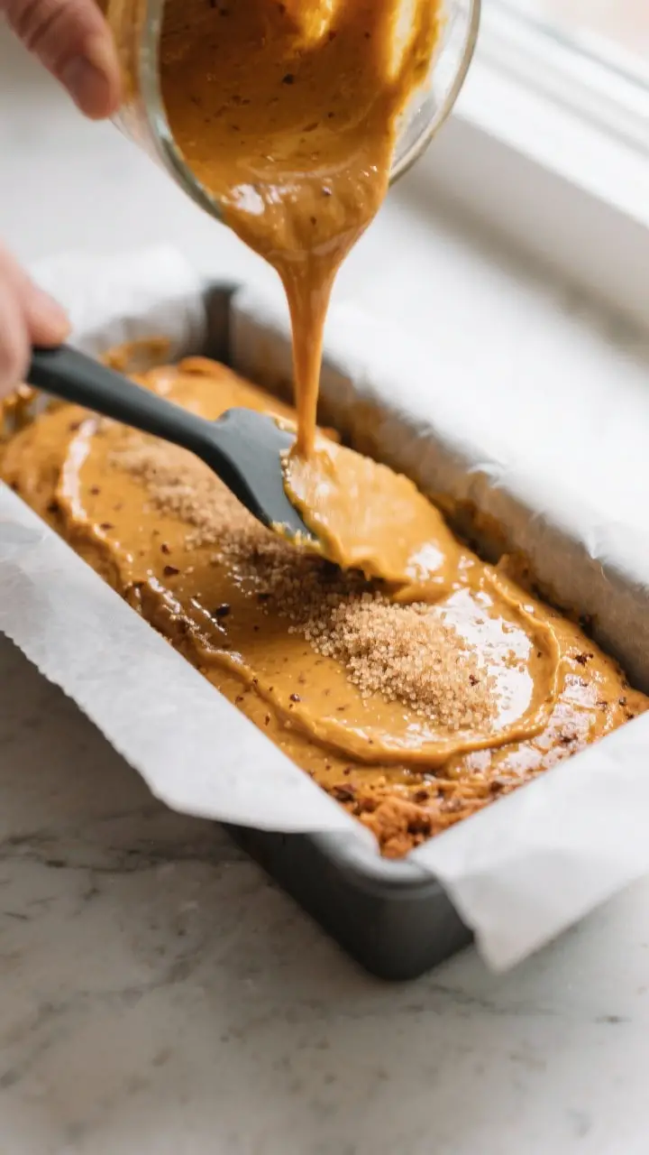Process action shot of the batter being poured into a parchment-lined 9x5 loaf pan and smoothed with