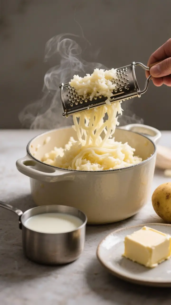 Process shot of potatoes being riced back into a warm pot, showing the technique for lump-free textu
