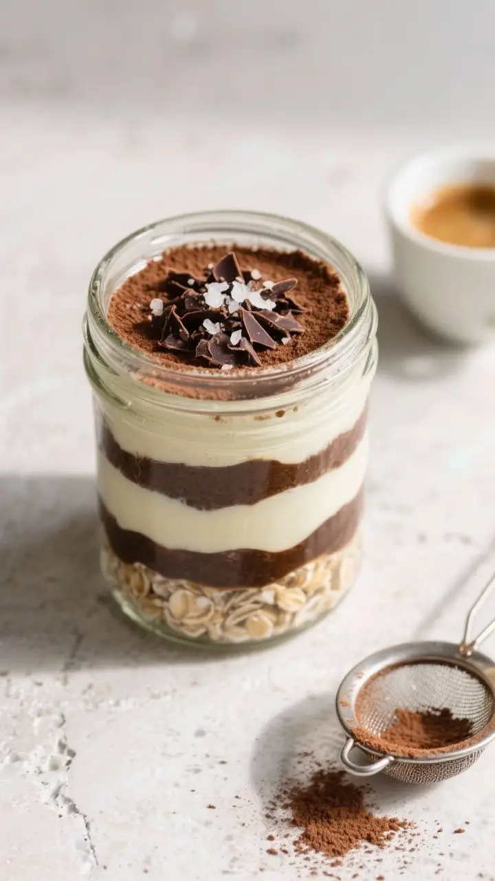 Tasty : Overhead shot of a finished jar (12–16 oz clear glass) of tiramisu overnight oats after ch