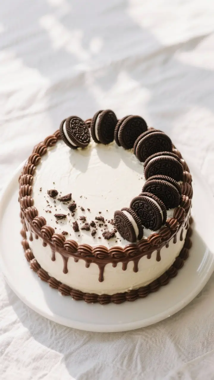 Tasty top view: Final presentation of the fully assembled Oreo cake with a neat ring of chocolate dr