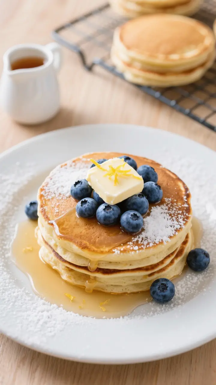 Tasty top-view final presentation: Overhead shot of a beautifully plated blueberry pancake stack on
