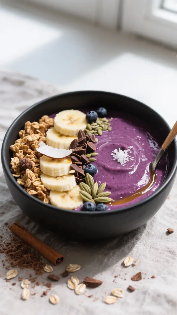 Tasty top view — final thick berry bowl: Overhead shot of a deep, chilled matte-black bowl filled
