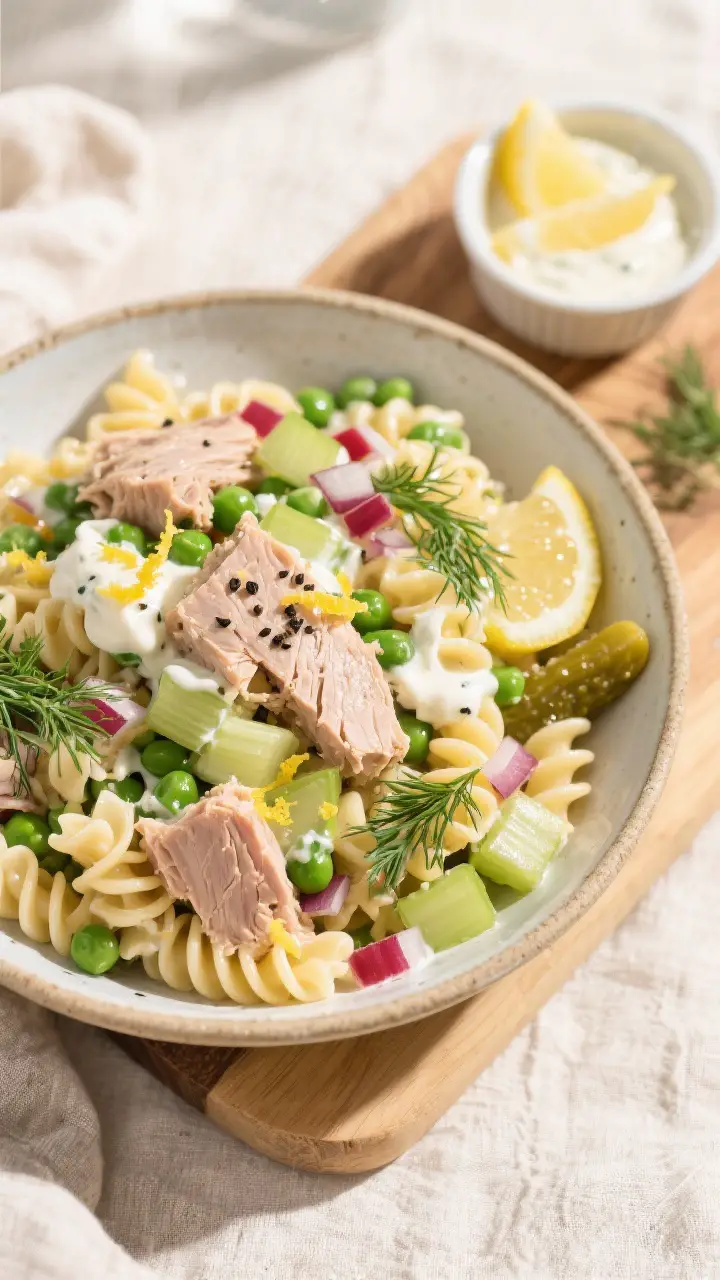 Tasty top view, overhead: Fully composed tuna pasta salad in a wide, shallow ceramic bowl—rotini c