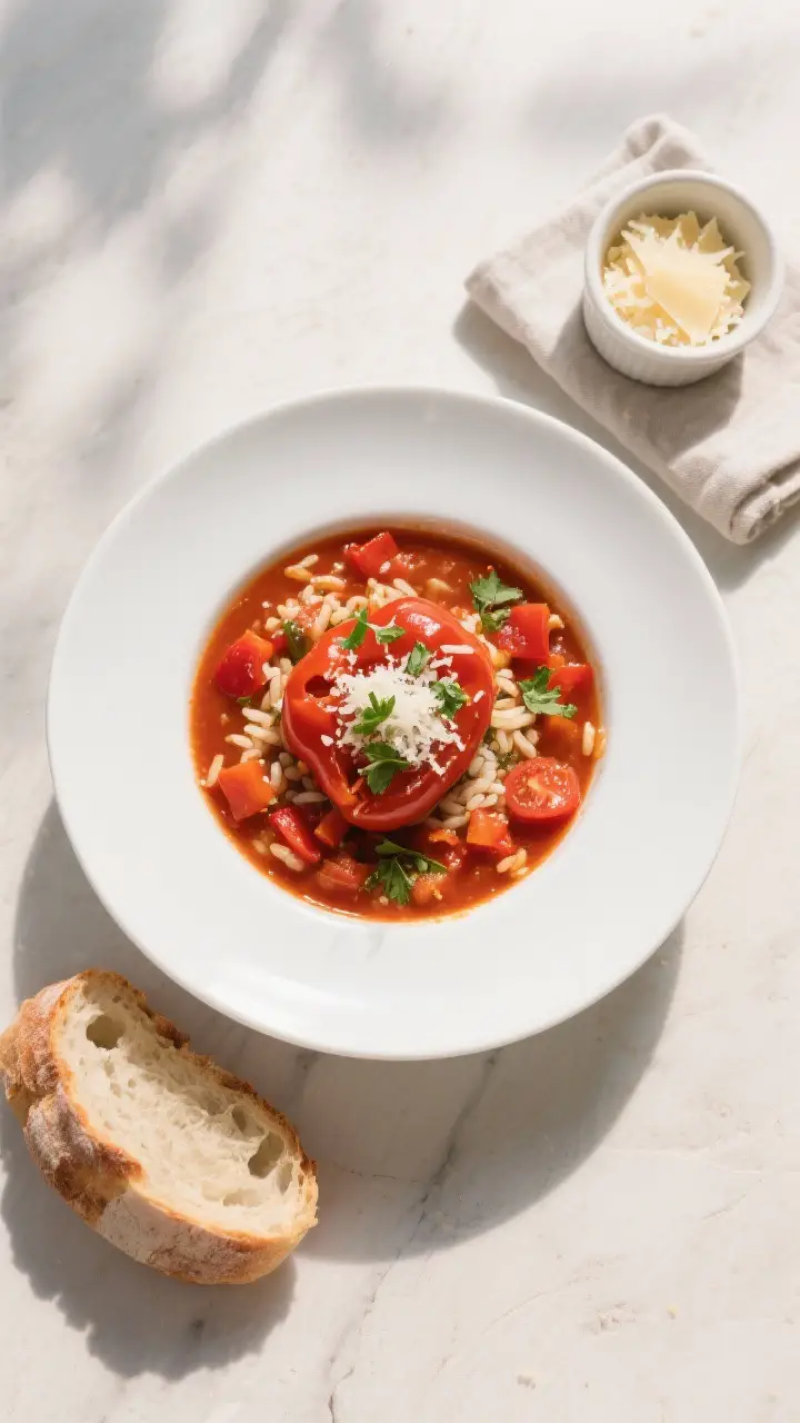 Tasty top view, overhead: Overhead shot of hearty Stuffed Pepper Soup ladled into a wide, shallow wh