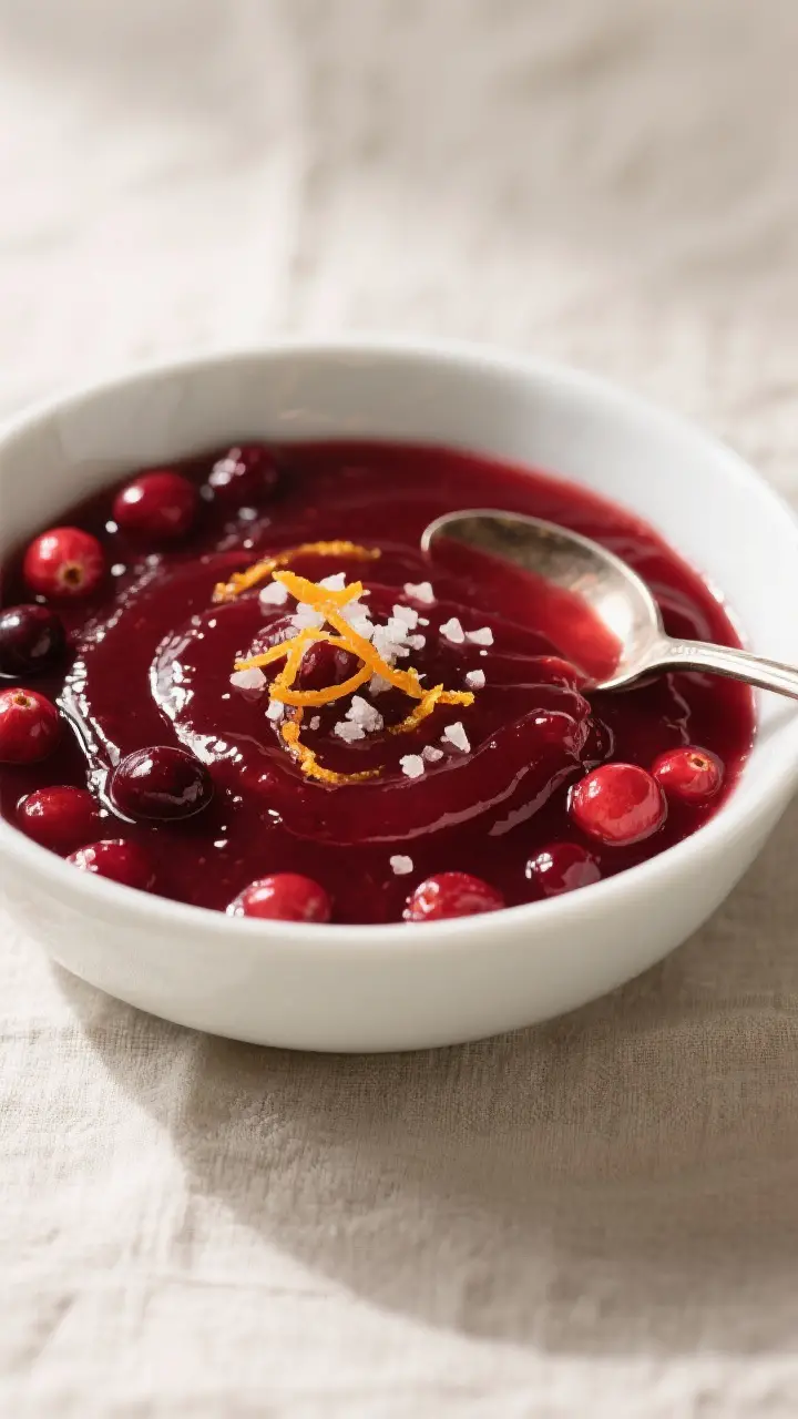 Tasty top view, overhead shot: Finished classic cranberry sauce in a low, wide white bowl, deep garn