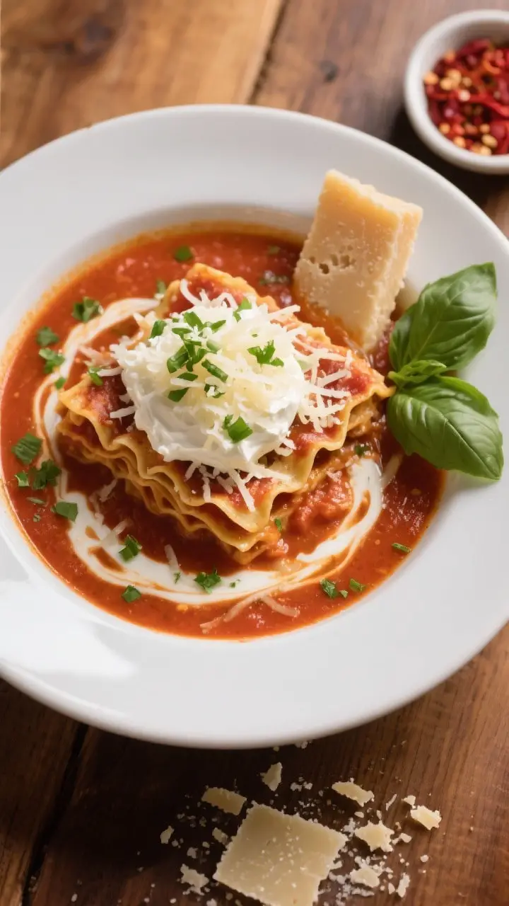 Tasty top view: Overhead shot of a bowl of finished lasagna soup with the “lasagna crown” on top
