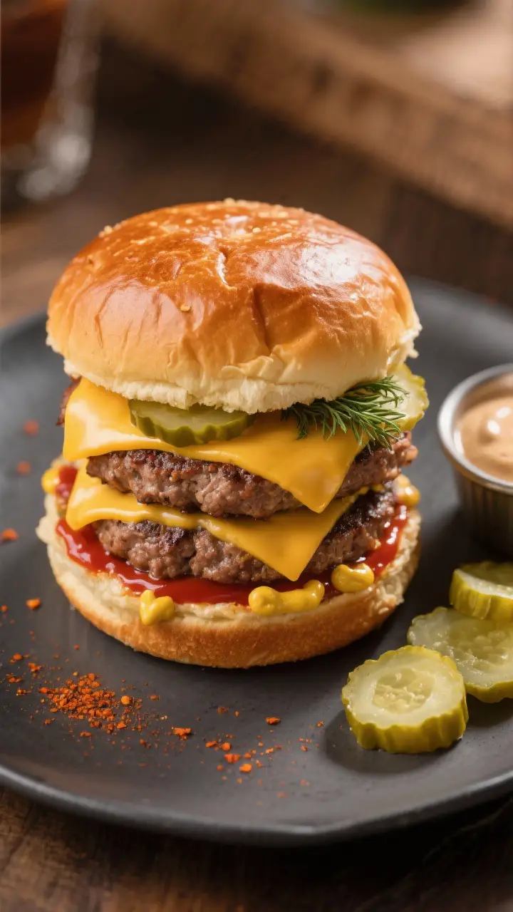 Tasty top view: Overhead shot of a double-stack smash burger assembled on a toasted brioche bun—tw