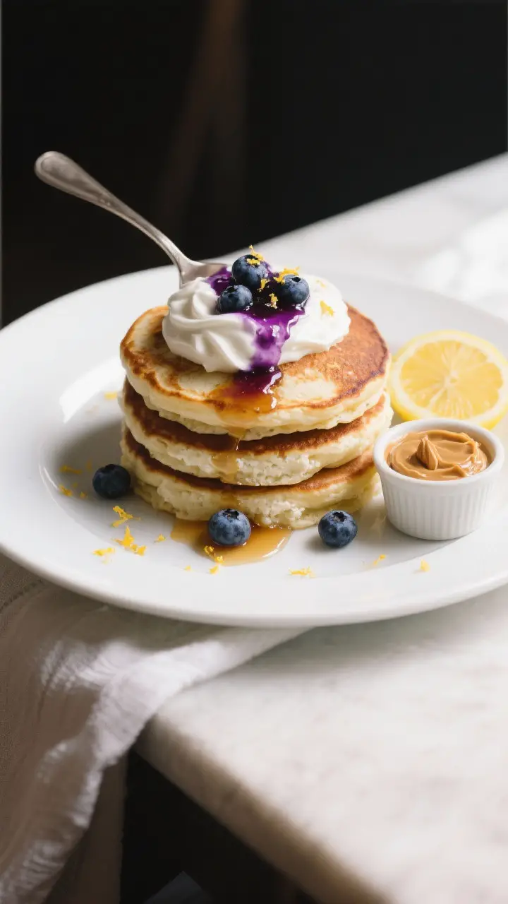 Tasty top view: Overhead shot of a plated “high-protein” serving—three cottage cheese pancakes