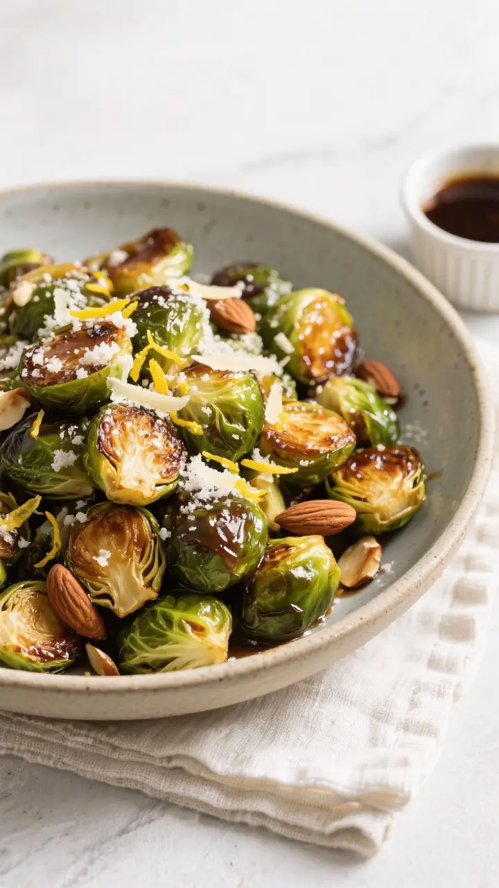 Tasty top view: Overhead shot of a wide, shallow ceramic bowl piled high with glazed roasted Brussel