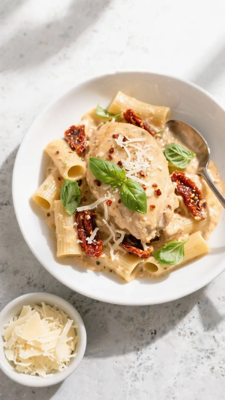 Tasty top view: Overhead shot of Crockpot Marry Me Chicken spooned over al dente rigatoni, coated in