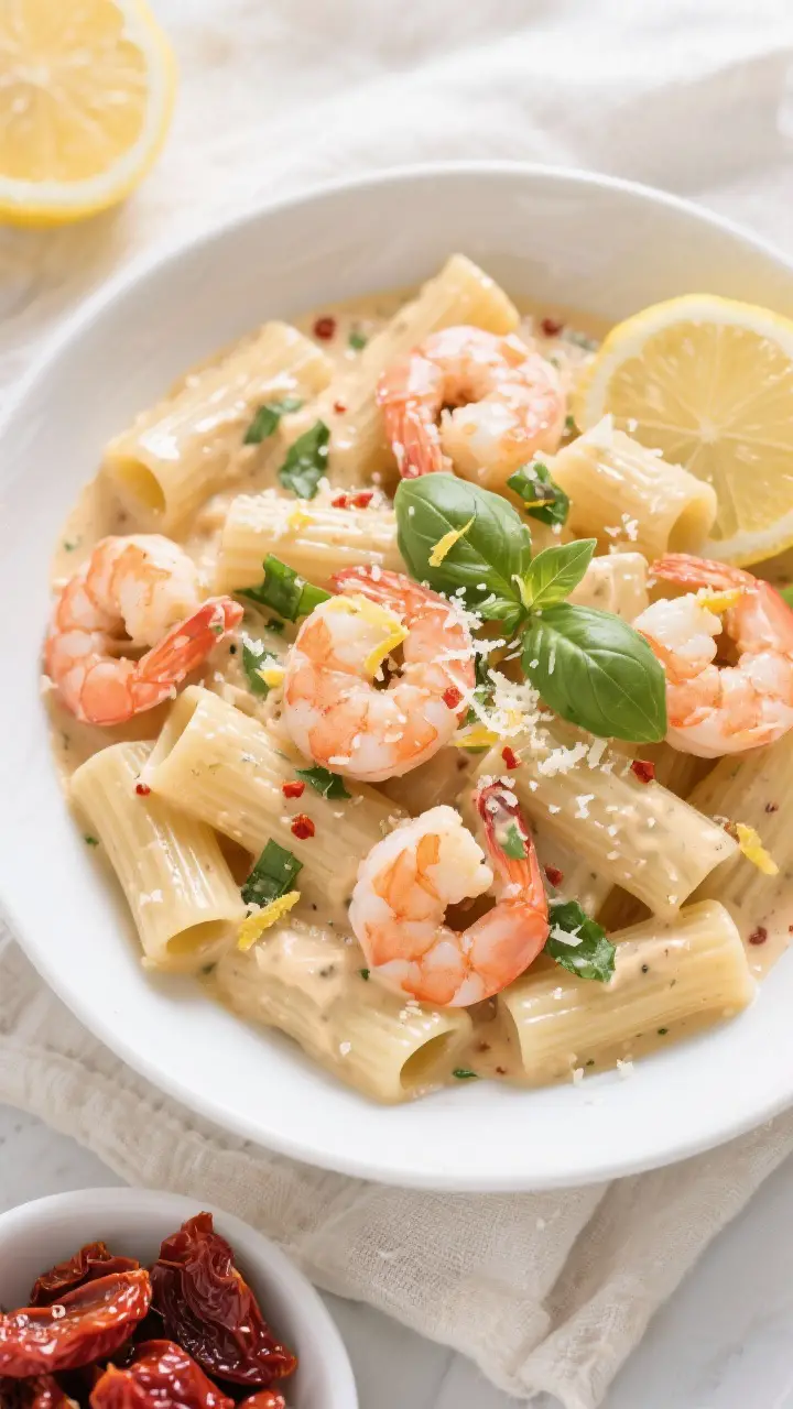 Tasty top view: Overhead shot of rigatoni tossed in silky cream-Parmesan sauce, shrimp nestled throu