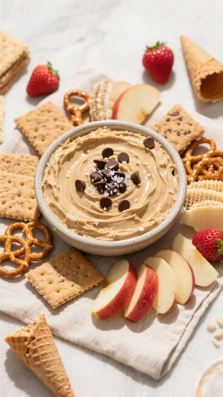 Tasty top view: Overhead shot of the finished cookie dough dip swirled into a low, wide ceramic bowl
