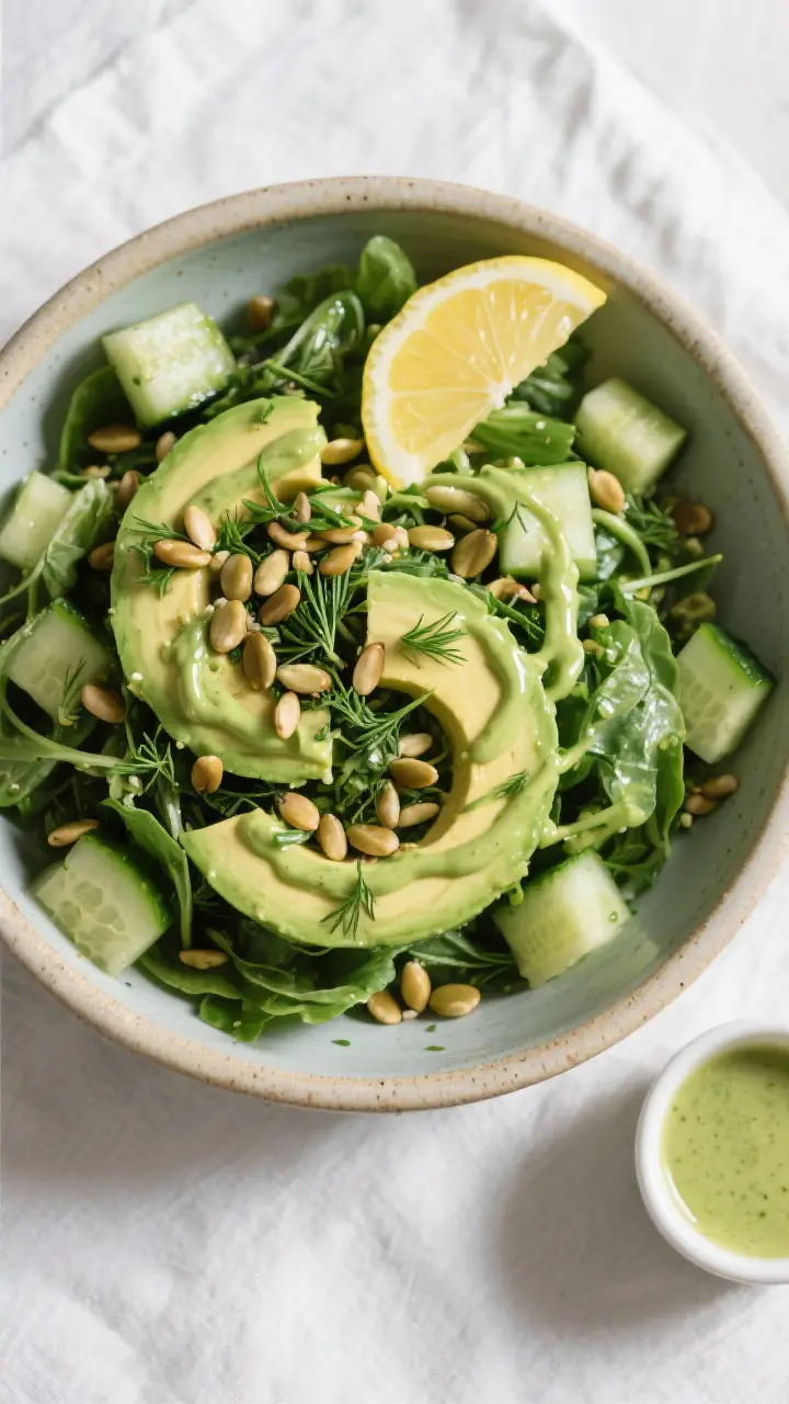 Tasty top view: Overhead shot of the finished Green Goddess Salad in a wide, shallow ceramic bowl—