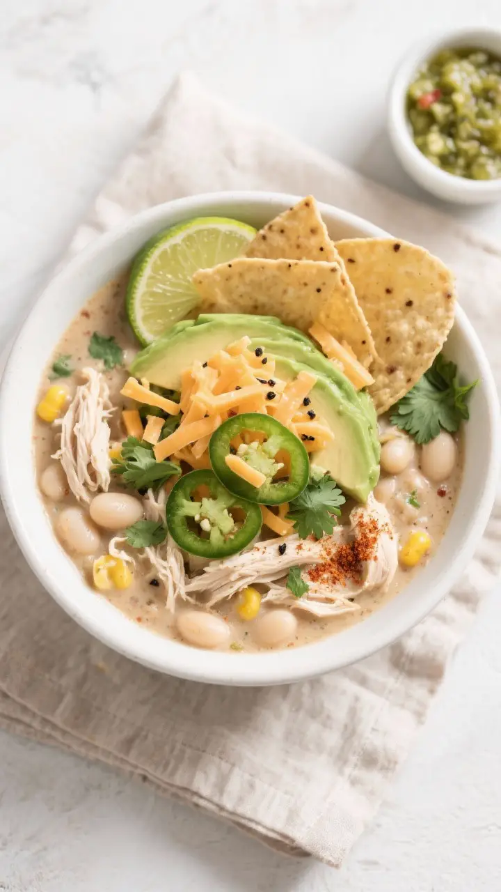 Tasty top view, overhead shot: Overhead bowl of finished white chicken chili, thick and creamy with