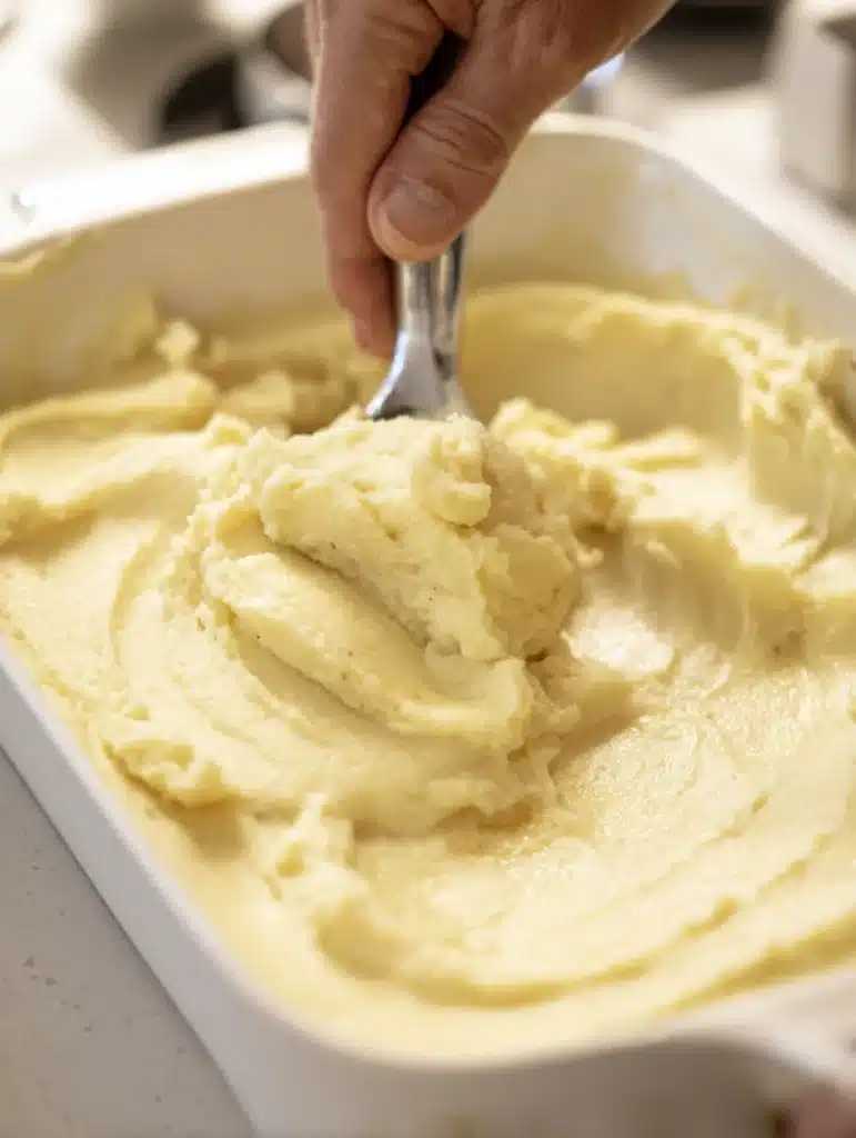 Person spreading mashed potato casserole into a buttered baking dish.