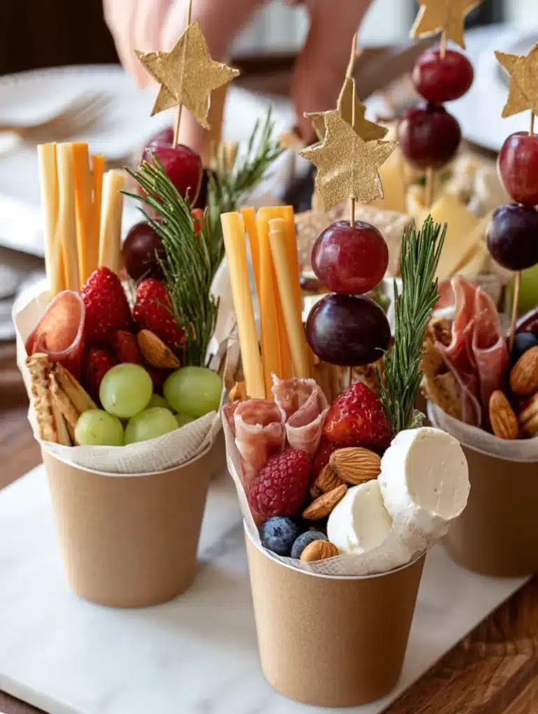 Half filled charcuterie cups with nuts, grapes, and prepared skewers nearby.