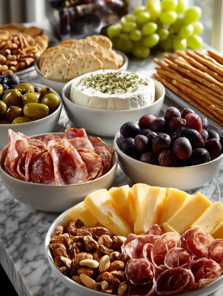 Charcuterie cups ingredients grouped as cheeses, meats, fruits, nuts, and crackers.
