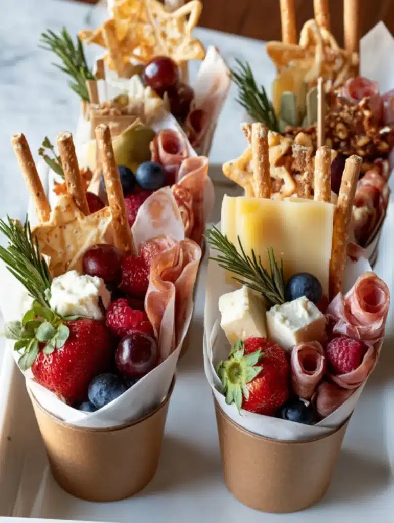 Charcuterie cups arranged on a tray ready to serve guests.