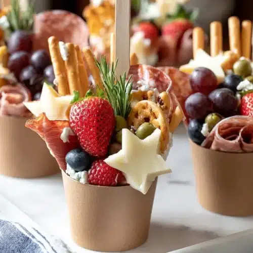 Charcuterie cups filled with meat, cheese, fruit, nuts, and crackers.