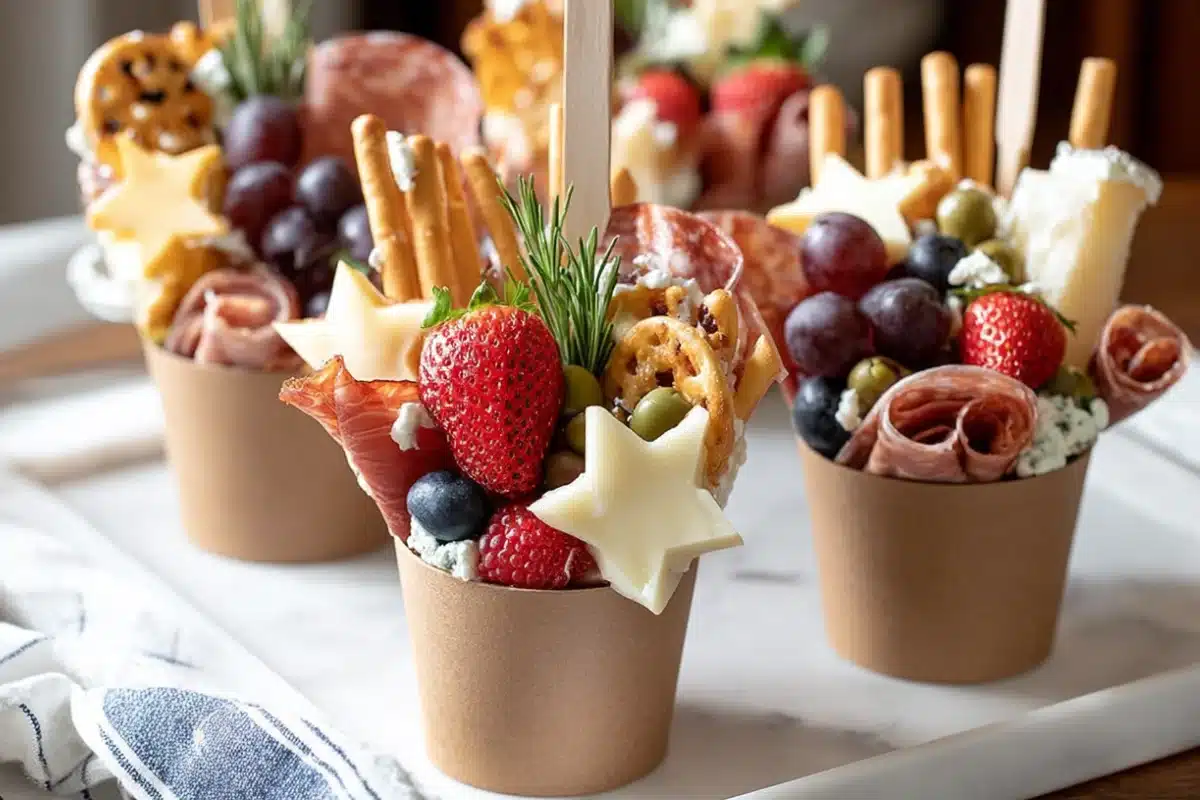 Charcuterie cups filled with meat, cheese, fruit, nuts, and crackers.