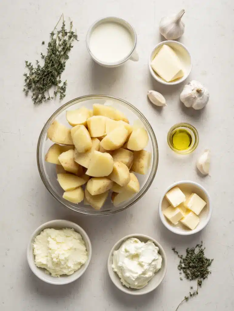 Ingredients for mashed potato casserole arranged in bowls on a light counter.