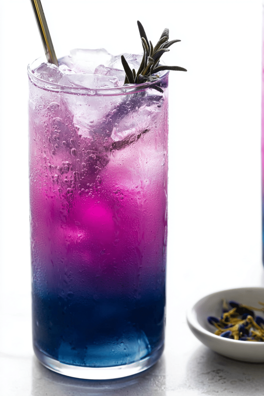 Close-up of the effervescent texture of a vibrant butterfly pea lemonade, showing small bubbles and the gradient color change as acid is added.