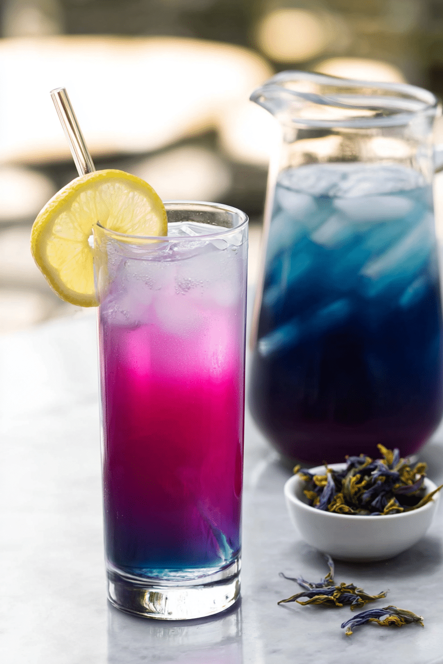 A lifestyle scene featuring a glass of butterfly pea lemonade on a rustic wooden table in a sunny outdoor setting, perfect for a casual gathering.