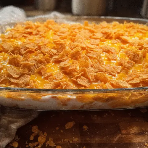 Golden-brown chicken Cheez-It casserole, bubbling with a rich, from-scratch creamy cheese sauce and topped with crispy crackers.