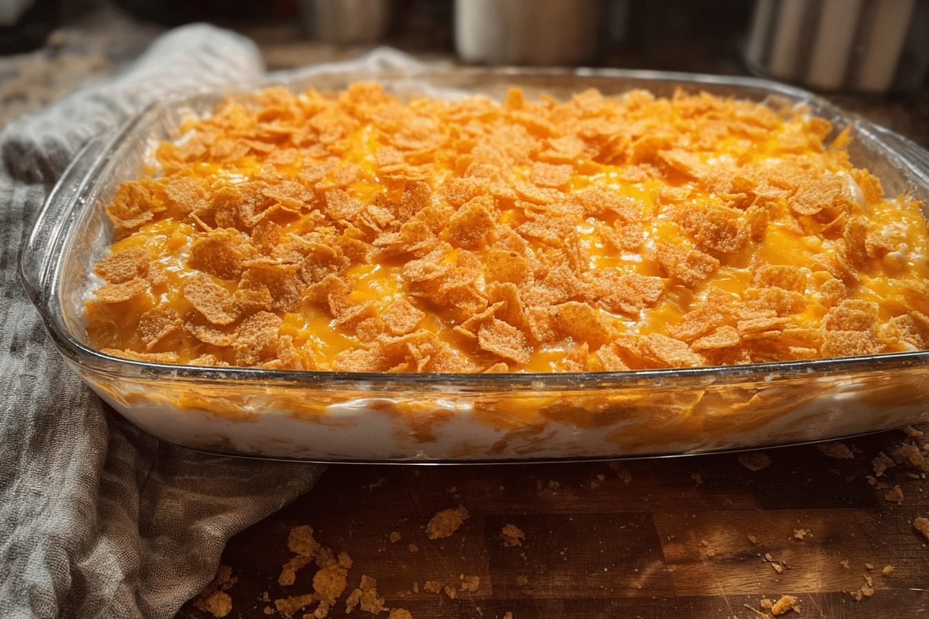 Golden-brown chicken Cheez-It casserole, bubbling with a rich, from-scratch creamy cheese sauce and topped with crispy crackers.