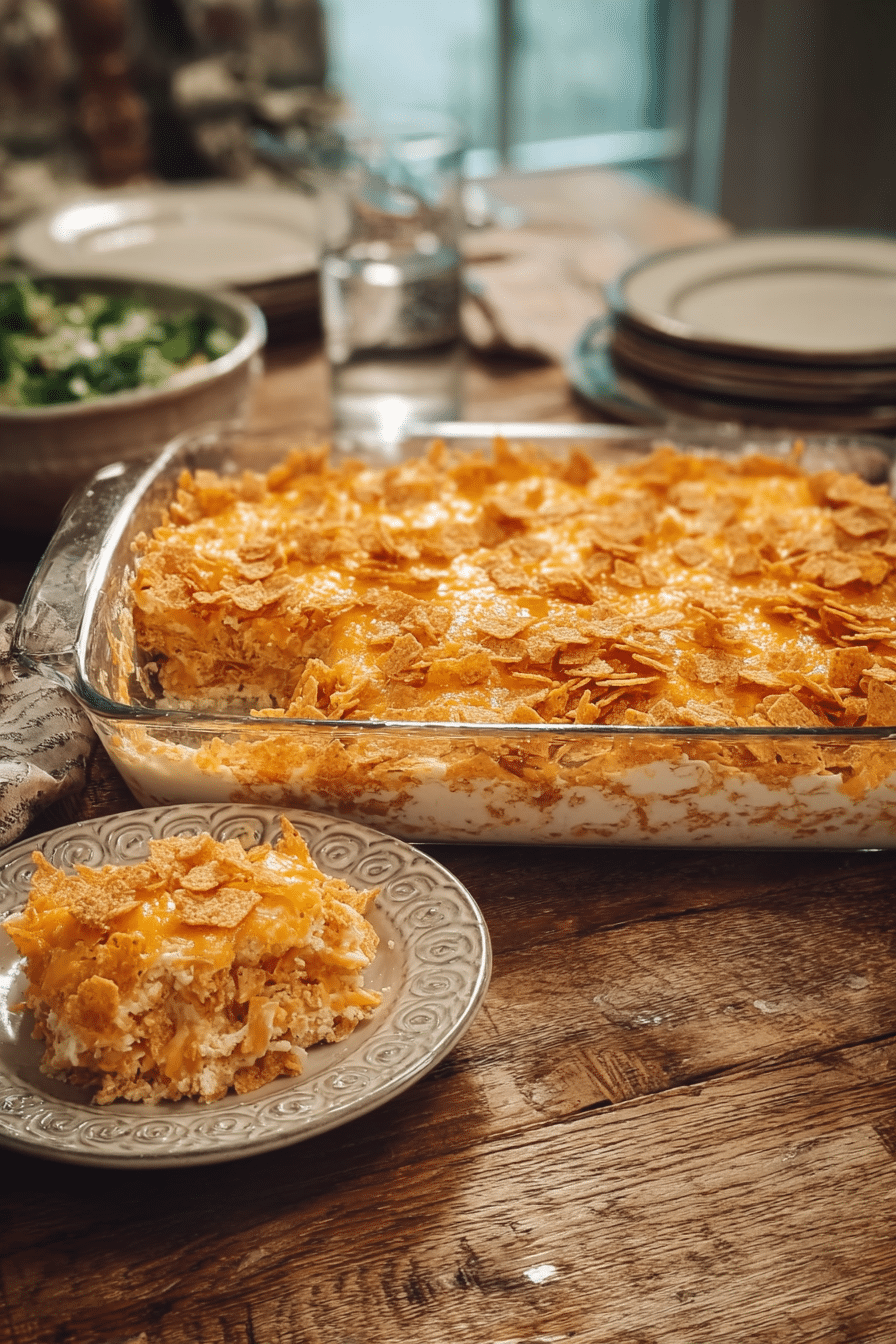 A serving of chicken cheez it casserole on a cozy dinner table, with a side salad and a fork, ready for a family meal.
