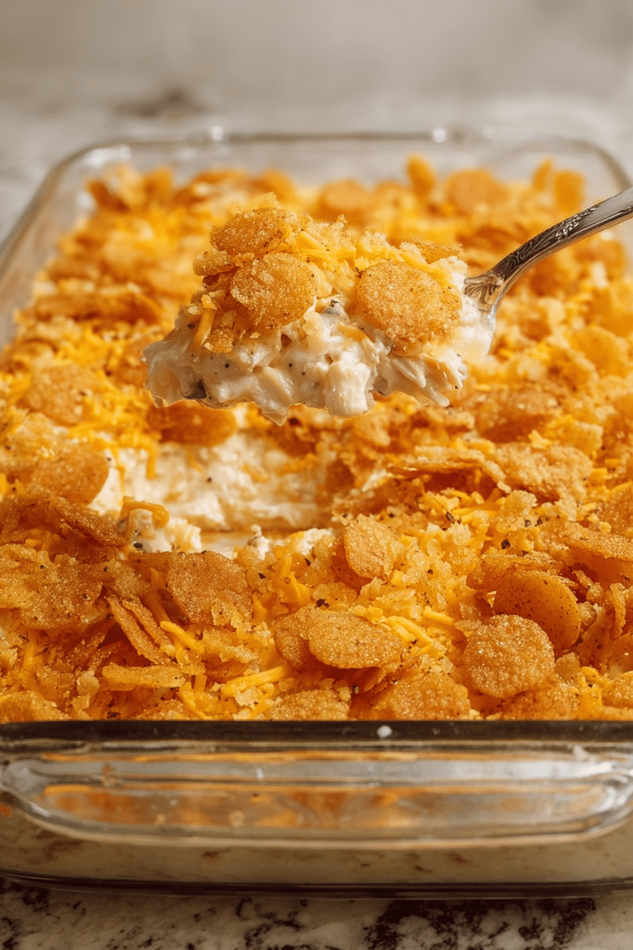 Close-up of a chicken cheez it casserole showing the bubbly, golden-brown cracker topping and creamy, cheesy interior.