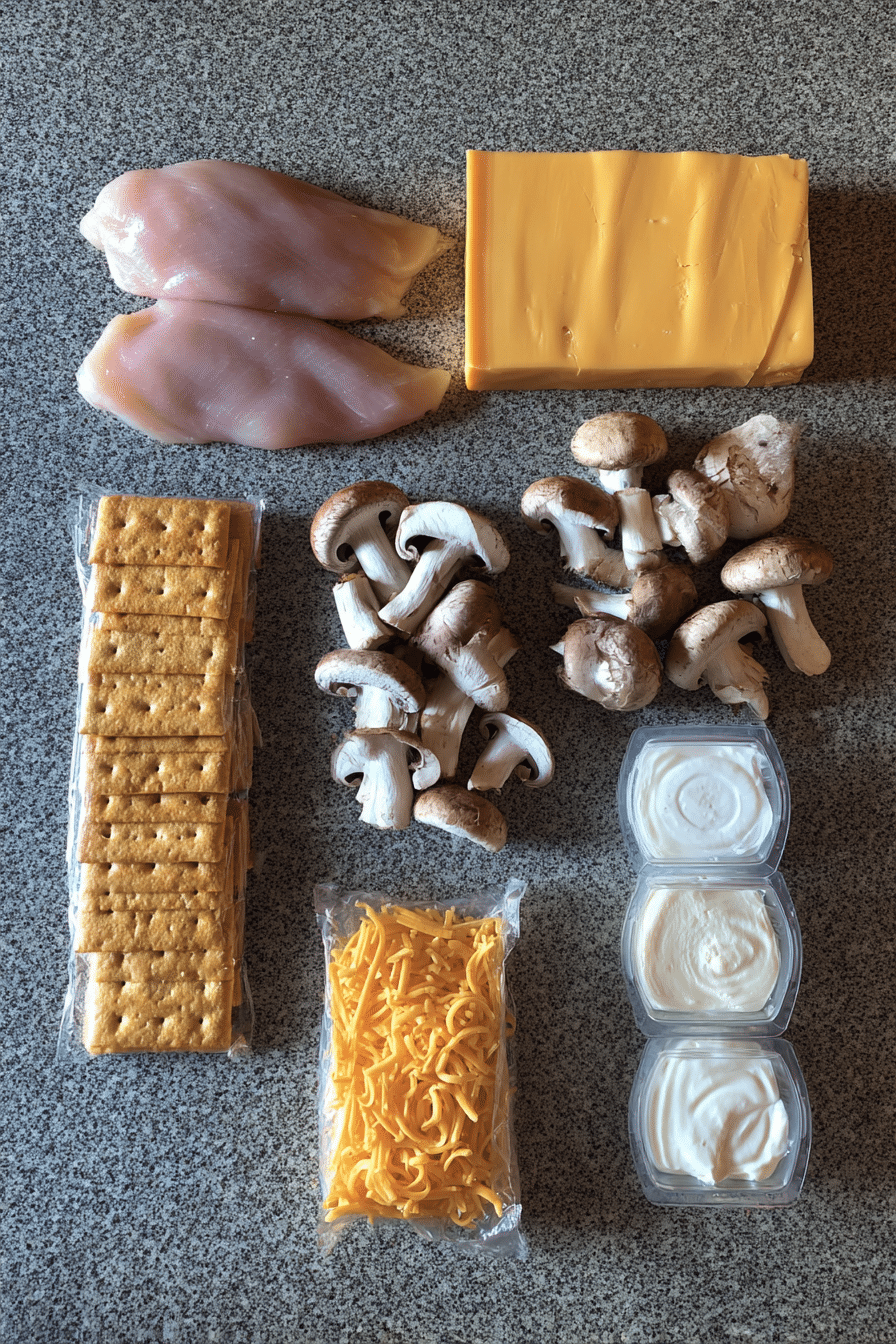 Flat lay of fresh ingredients for chicken cheez it casserole, including shredded chicken, sharp cheddar cheese, and a box of Cheez-It crackers.