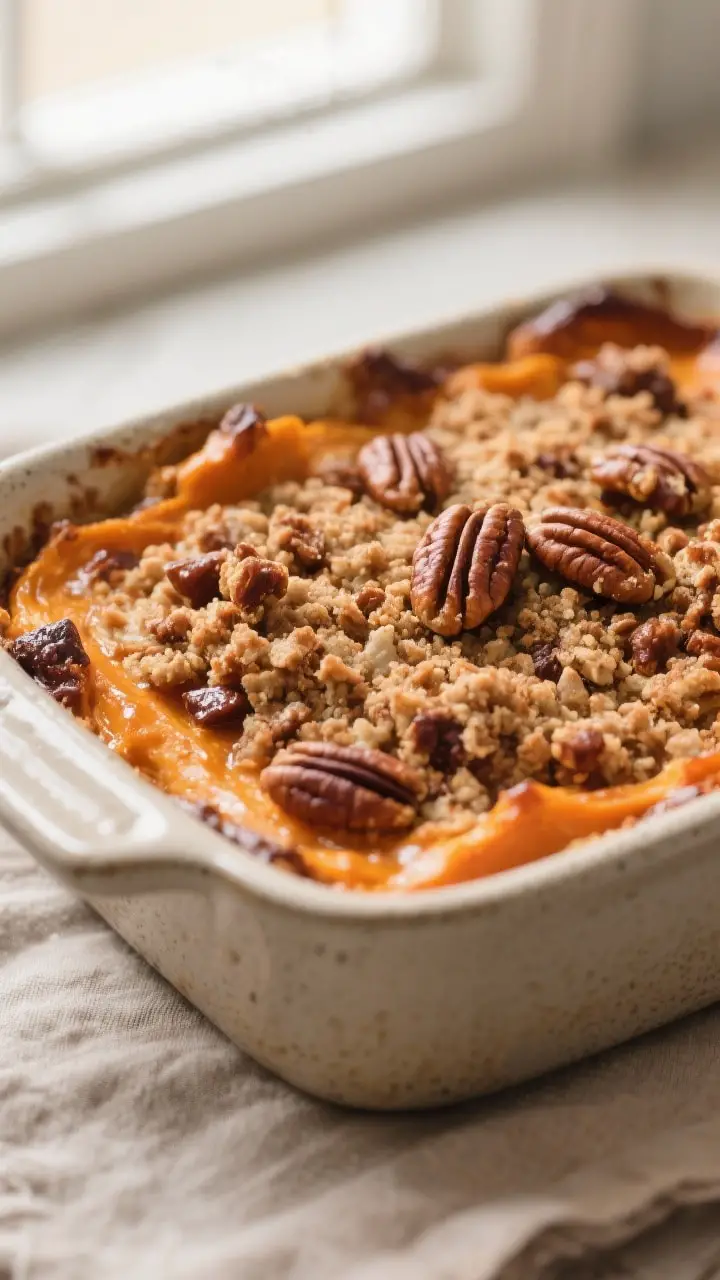 Close-up detail: A just-baked sweet potato casserole with pecan streusel, shot at a 45-degree angle,