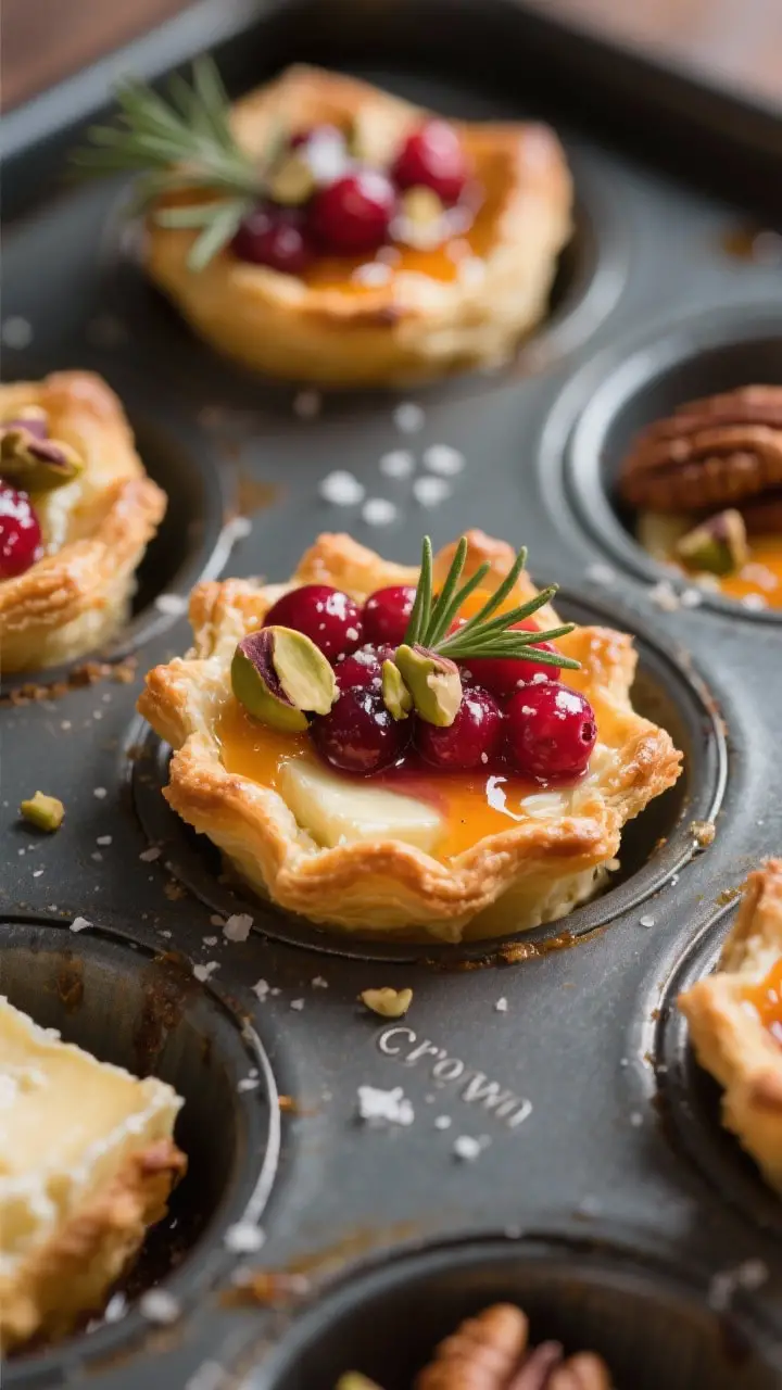 Close-up detail shot: Freshly baked cranberry brie bites just out of the oven in a mini muffin tin,