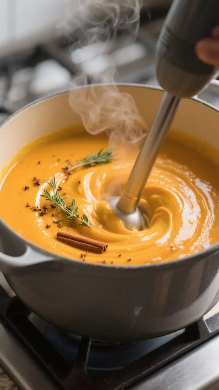 Close-up detail: Silky butternut squash soup mid-blend in a Dutch oven, ultra-smooth texture catchin
