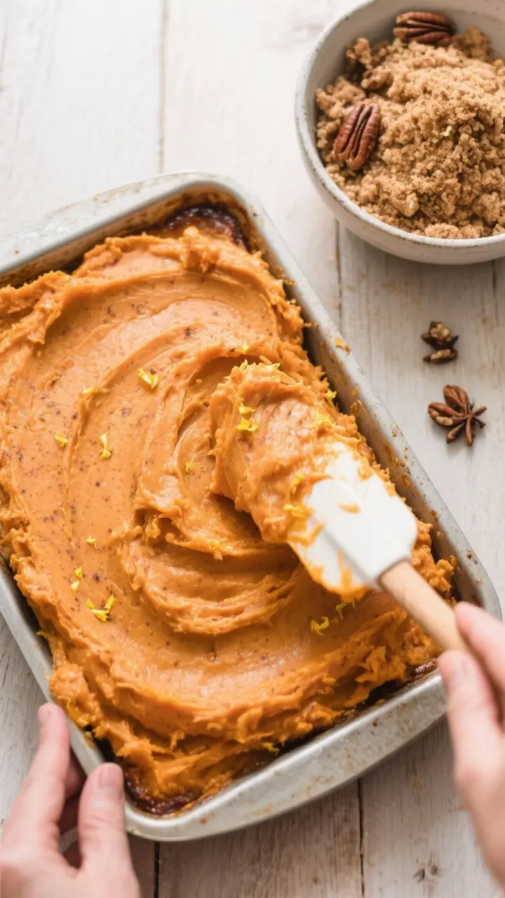 Cooking process: Overhead shot of the sweet potato filling being smoothed into a greased 9x13 baking