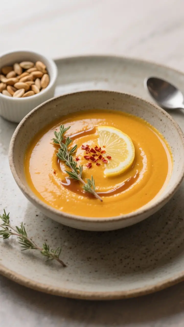 Final dish presentation: Restaurant-quality plated bowl of butternut squash soup with velvety, gloss